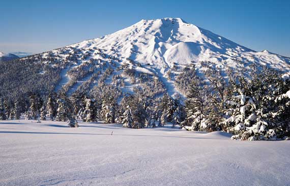 Mount Bachelor in Bend, Oregon, with a fresh dusting of snow under a clear blue sky. Mount Bachelor in Bend, Oregon, with a fresh dusting of snow under a clear blue sky.