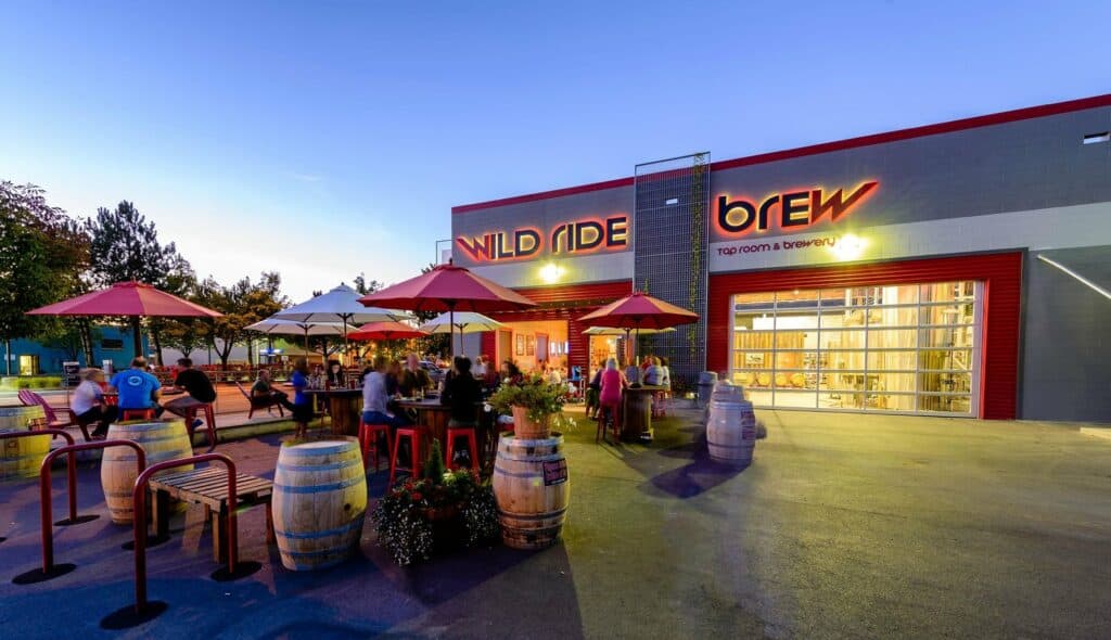 Wild Ride Brewing pic evening patio-large A twilight photo of the front of Wild Ride Brew