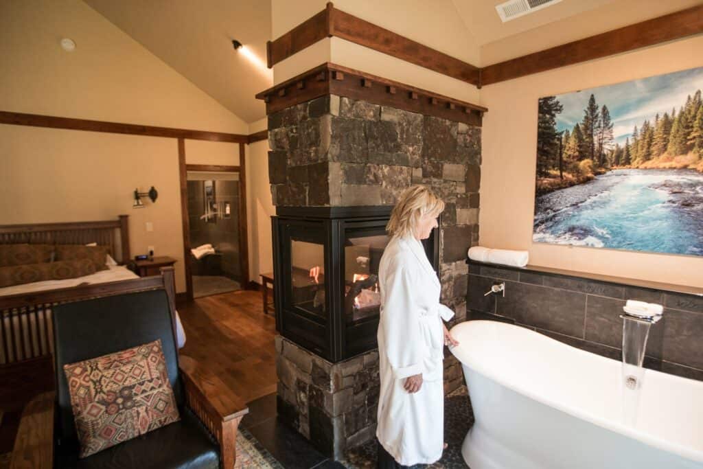 Couple in their 60s in room at FivePine Lodge in Sisters, Oregon