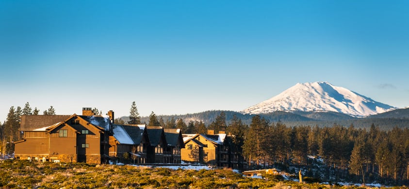 Snow3_cropped View of Tetherow hotel with Mt. Bachelor in the distance in Bend, Oregon.
