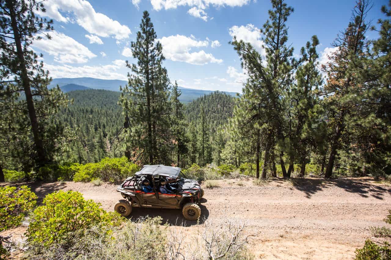 a family off-roading in ATVs in the remote part of Deschutes National Forest