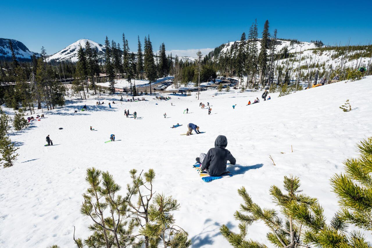 Children sledding at Santiam Sno-Park near Sisters, Oregon